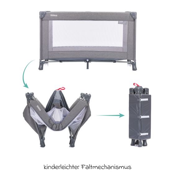 Fillikid Lettino da viaggio Milano ab Geburt - 15 kg con meccanismo di piegatura con una mano, ingresso laterale, inserto per neonati e ruote 120 x 60 cm - Grigio Melange
