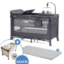 Travel Cot Set Capri from Birth - 15 kg with Roll Mattress, Insect Protection, Insert, 2 Wheels, Entry, Changing Mat, Nappy Storage, Mobile & Carry Bag - Dark Grey Grey