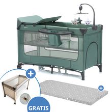 Travel Cot Set Capri from Birth - 15 kg with Roll Mattress, Insect Protection, Insert, 2 Wheels, Entry, Changing Mat, Nappy Storage, Mobile & Carry Bag - Green