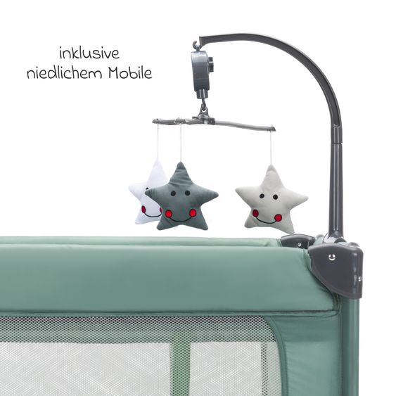 Fillikid Travel Cot Set Capri from Birth - 15 kg with Roll Mattress, Insect Protection, Insert, 2 Wheels, Entry, Changing Mat, Nappy Storage, Mobile & Carry Bag - Green