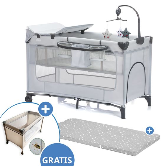 Fillikid Travel Cot Set Capri from Birth - 15 kg with Roll Mattress, Insect Protection, Insert, 2 Wheels, Entry, Changing Mat, Nappy Storage, Mobile & Carry Bag - Light grey