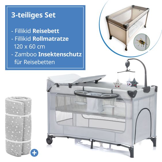 Fillikid Travel Cot Set Capri from Birth - 15 kg with Roll Mattress, Insect Protection, Insert, 2 Wheels, Entry, Changing Mat, Nappy Storage, Mobile & Carry Bag - Light grey