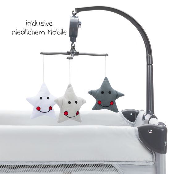 Fillikid Travel Cot Set Capri from Birth - 15 kg with Roll Mattress, Insect Protection, Insert, 2 Wheels, Entry, Changing Mat, Nappy Storage, Mobile & Carry Bag - Light grey