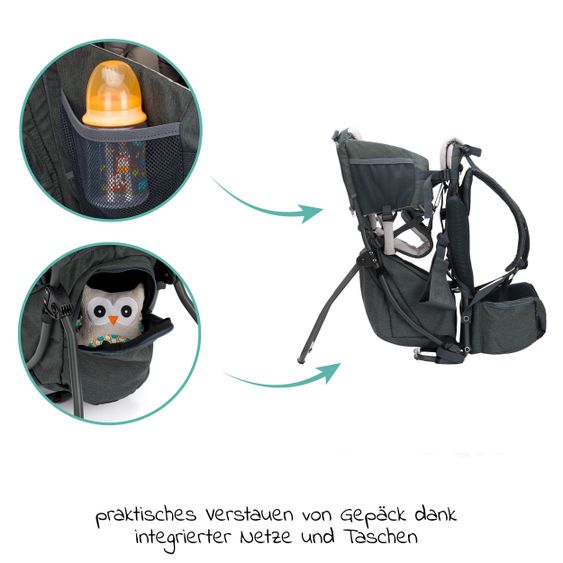 Fillikid Rückentrage Adventure für Baby & Kleinkind bis 20 kg mit Sonnendach & Rucksack - Grau