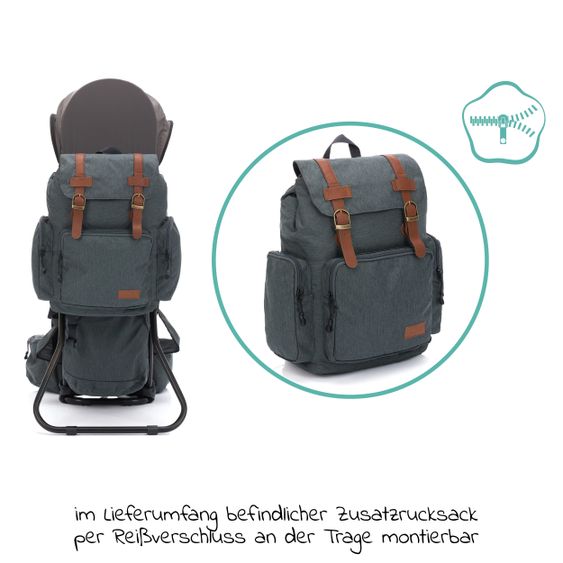 Fillikid Rückentrage Adventure für Baby & Kleinkind bis 20 kg mit Sonnendach & Rucksack - Grau