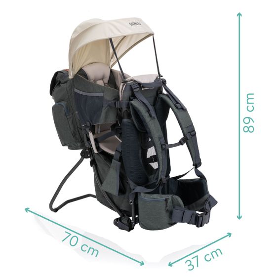 Fillikid Rückentrage Adventure für Baby & Kleinkind bis 20 kg mit Sonnendach & Rucksack - Grau