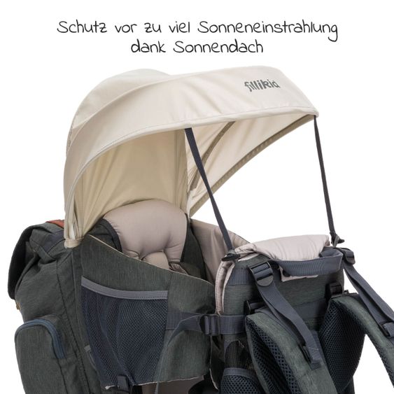 Fillikid Rückentrage Adventure für Baby & Kleinkind bis 20 kg mit Sonnendach & Rucksack - Grau