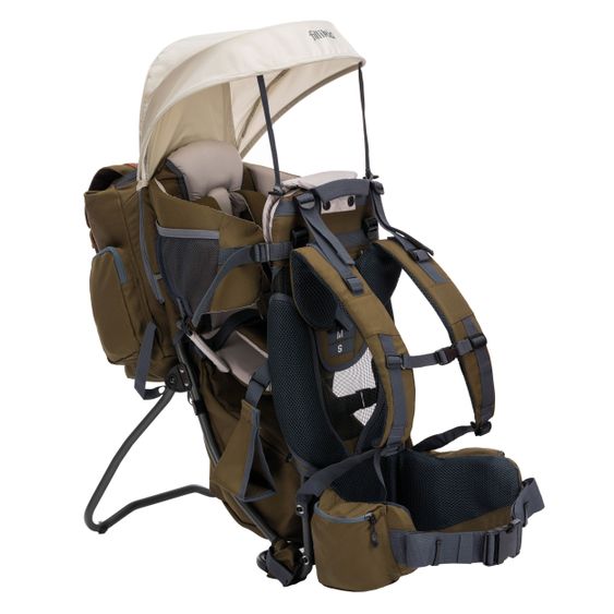 Fillikid Rückentrage Adventure für Baby & Kleinkind bis 20 kg mit Sonnendach & Rucksack - Olivgrün
