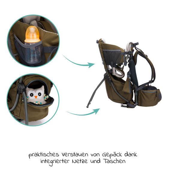 Fillikid Rückentrage Adventure für Baby & Kleinkind bis 20 kg mit Sonnendach & Rucksack - Olivgrün