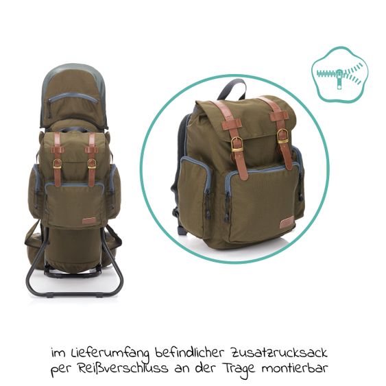 Fillikid Rückentrage Adventure für Baby & Kleinkind bis 20 kg mit Sonnendach & Rucksack - Olivgrün