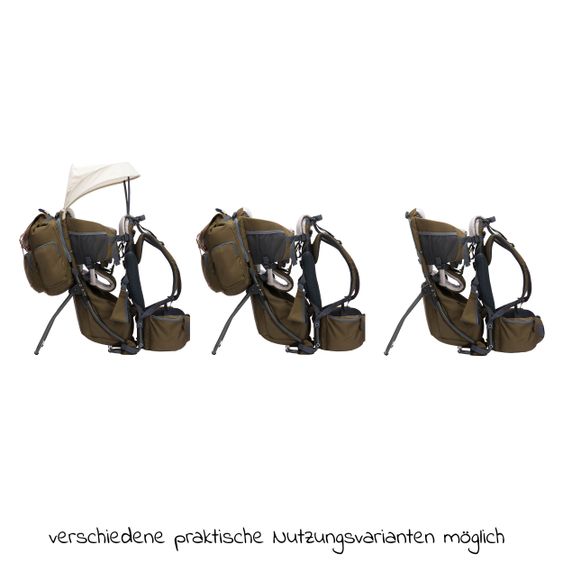 Fillikid Rückentrage Adventure für Baby & Kleinkind bis 20 kg mit Sonnendach & Rucksack - Olivgrün