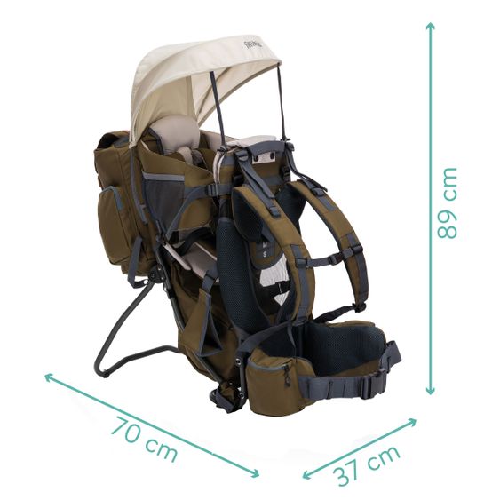 Fillikid Rückentrage Adventure für Baby & Kleinkind bis 20 kg mit Sonnendach & Rucksack - Olivgrün