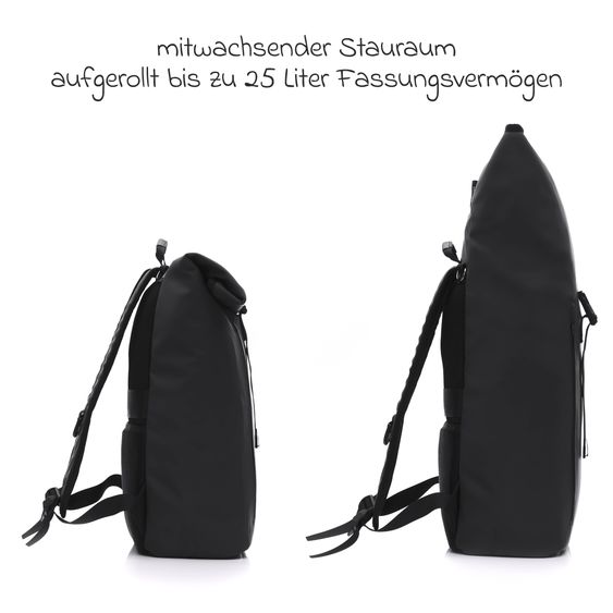 Fillikid Wickelrucksack Oslo im Rolltop-Design mit variablem Stauraum inkl. Wickelunterlage, Flaschenwärmer & Befestigungshaken - Black