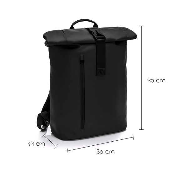 Fillikid Wickelrucksack Oslo im Rolltop-Design mit variablem Stauraum inkl. Wickelunterlage, Flaschenwärmer & Befestigungshaken - Black