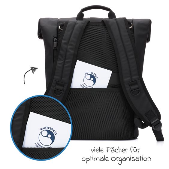 Fillikid Wickelrucksack Oslo im Rolltop-Design mit variablem Stauraum inkl. Wickelunterlage, Flaschenwärmer & Befestigungshaken - Black