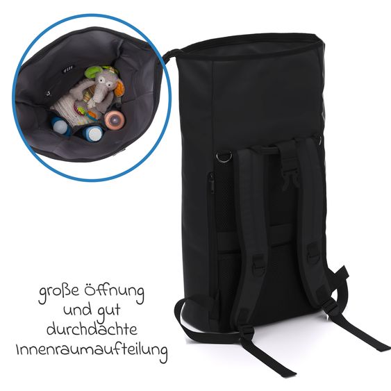 Fillikid Wickelrucksack Oslo im Rolltop-Design mit variablem Stauraum inkl. Wickelunterlage, Flaschenwärmer & Befestigungshaken - Black