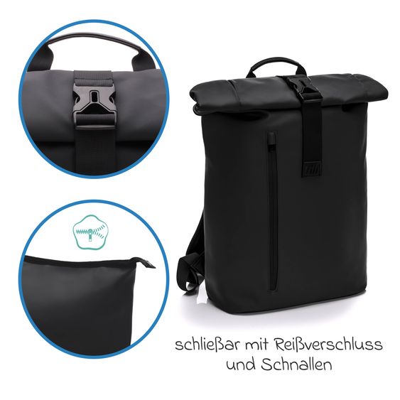 Fillikid Wickelrucksack Oslo im Rolltop-Design mit variablem Stauraum inkl. Wickelunterlage, Flaschenwärmer & Befestigungshaken - Black