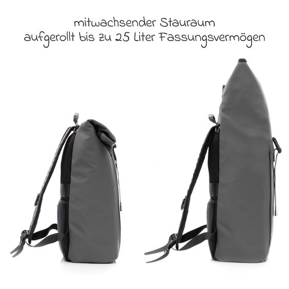 Fillikid Wickelrucksack Oslo im Rolltop-Design mit variablem Stauraum inkl. Wickelunterlage, Flaschenwärmer & Befestigungshaken - Grau