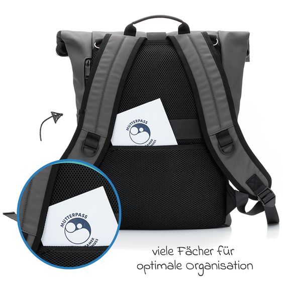 Fillikid Wickelrucksack Oslo im Rolltop-Design mit variablem Stauraum inkl. Wickelunterlage, Flaschenwärmer & Befestigungshaken - Grau