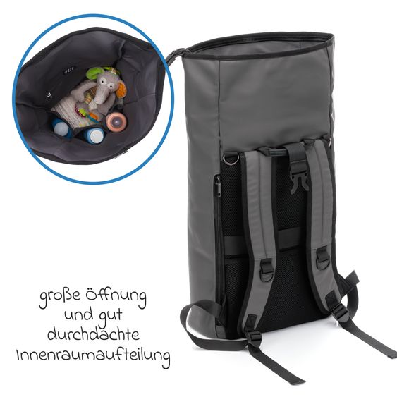 Fillikid Wickelrucksack Oslo im Rolltop-Design mit variablem Stauraum inkl. Wickelunterlage, Flaschenwärmer & Befestigungshaken - Grau