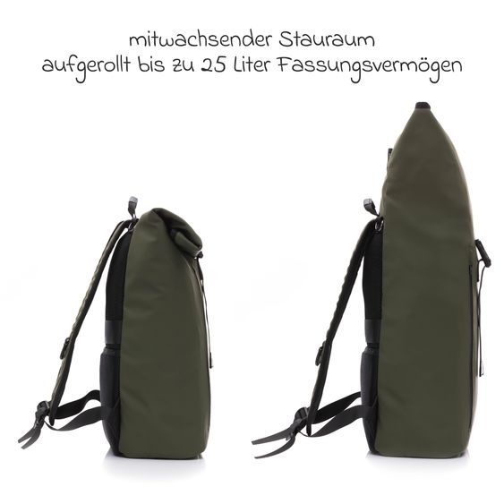 Fillikid Wickelrucksack Oslo im Rolltop-Design mit variablem Stauraum inkl. Wickelunterlage, Flaschenwärmer & Befestigungshaken - Grün