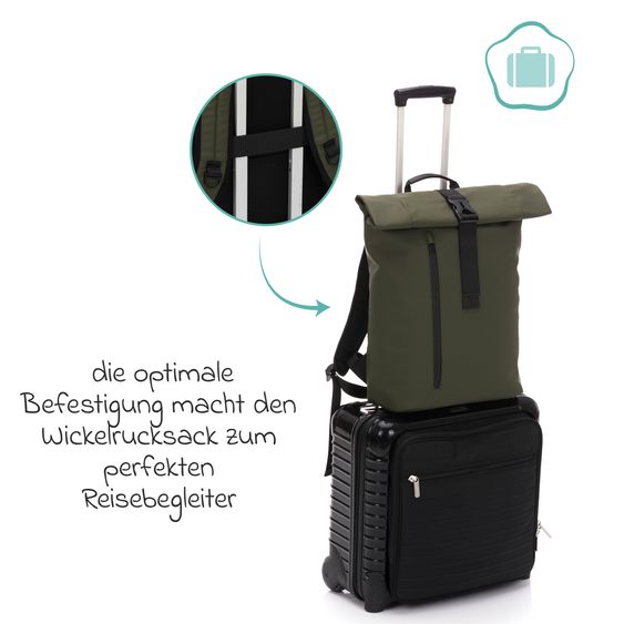 Fillikid Wickelrucksack Oslo im Rolltop-Design mit variablem Stauraum inkl. Wickelunterlage, Flaschenwärmer & Befestigungshaken - Grün