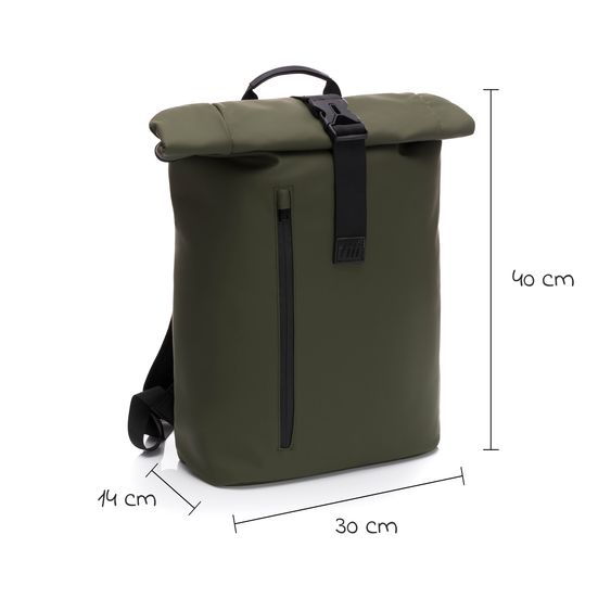 Fillikid Wickelrucksack Oslo im Rolltop-Design mit variablem Stauraum inkl. Wickelunterlage, Flaschenwärmer & Befestigungshaken - Grün