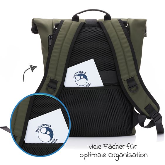 Fillikid Wickelrucksack Oslo im Rolltop-Design mit variablem Stauraum inkl. Wickelunterlage, Flaschenwärmer & Befestigungshaken - Grün