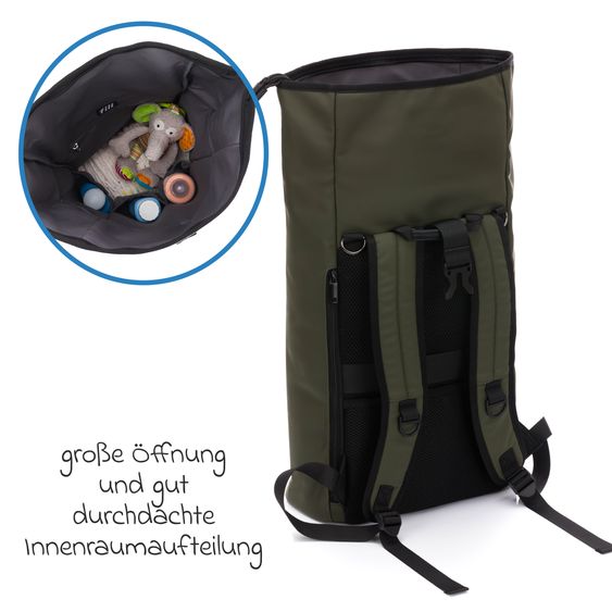 Fillikid Wickelrucksack Oslo im Rolltop-Design mit variablem Stauraum inkl. Wickelunterlage, Flaschenwärmer & Befestigungshaken - Grün