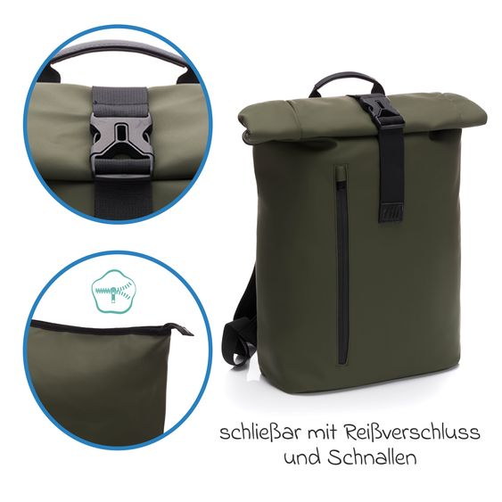 Fillikid Wickelrucksack Oslo im Rolltop-Design mit variablem Stauraum inkl. Wickelunterlage, Flaschenwärmer & Befestigungshaken - Grün