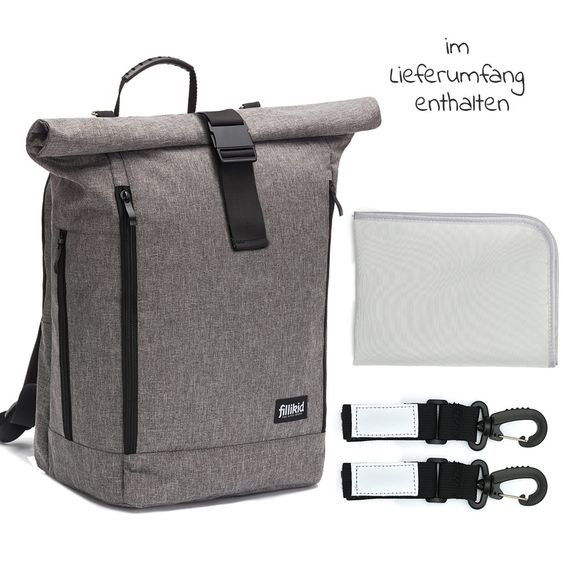 Fillikid Wickelrucksack Rolltop Dublin inkl. Wickelunterlage - Grau Melange