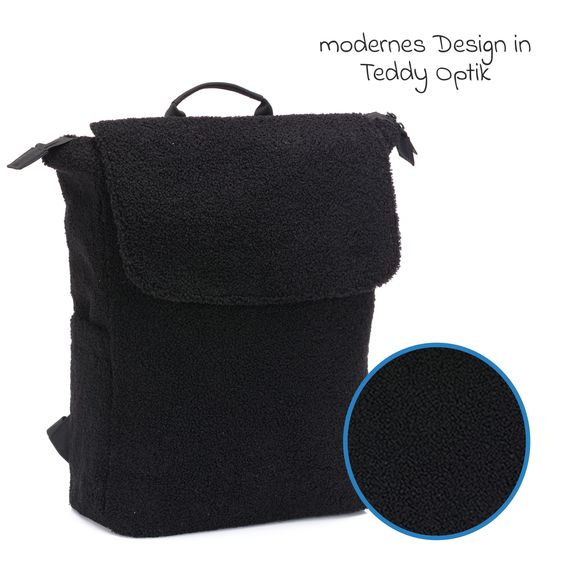 Fillikid Wickelrucksack Teddy inkl. Wickelunterlage, Flaschenhalter & Kinderwagenhaken - Schwarz