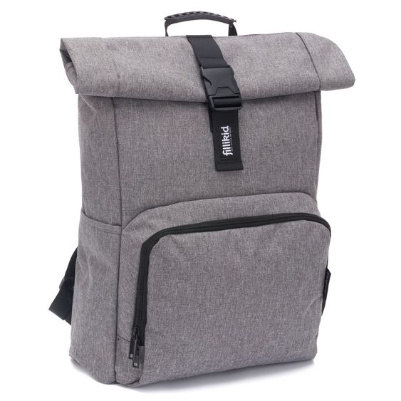 Fillikid Wickelrucksack Tokio im Rolltopstil inkl. Wickelunterlage, variabler Stauraum, Thermofach & Befestigungshaken - Grau Melange