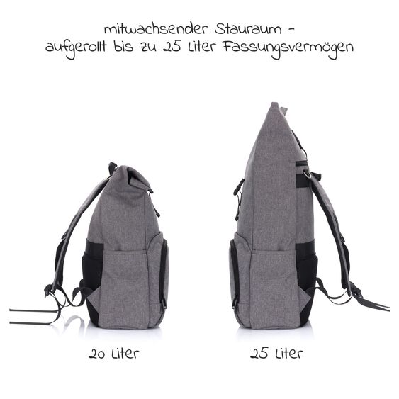 Fillikid Wickelrucksack Tokio im Rolltopstil inkl. Wickelunterlage, variabler Stauraum, Thermofach & Befestigungshaken - Grau Melange