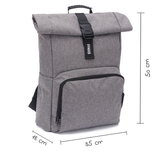 Fillikid Wickelrucksack Tokio im Rolltopstil inkl. Wickelunterlage, variabler Stauraum, Thermofach & Befestigungshaken - Grau Melange