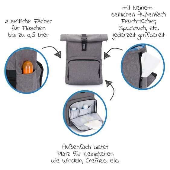 Fillikid Wickelrucksack Tokio im Rolltopstil inkl. Wickelunterlage, variabler Stauraum, Thermofach & Befestigungshaken - Grau Melange