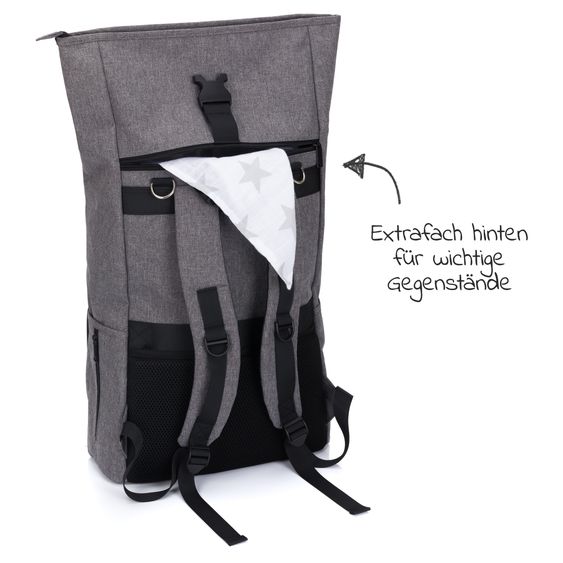 Fillikid Wickelrucksack Tokio im Rolltopstil inkl. Wickelunterlage, variabler Stauraum, Thermofach & Befestigungshaken - Grau Melange