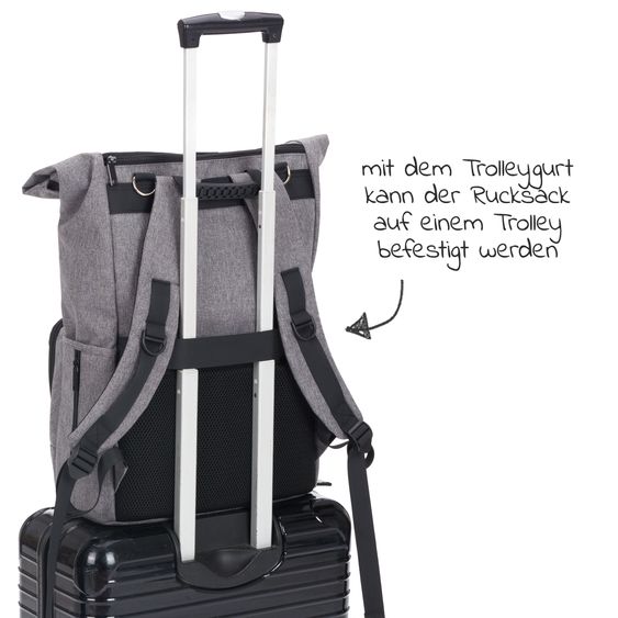 Fillikid Wickelrucksack Tokio im Rolltopstil inkl. Wickelunterlage, variabler Stauraum, Thermofach & Befestigungshaken - Grau Melange