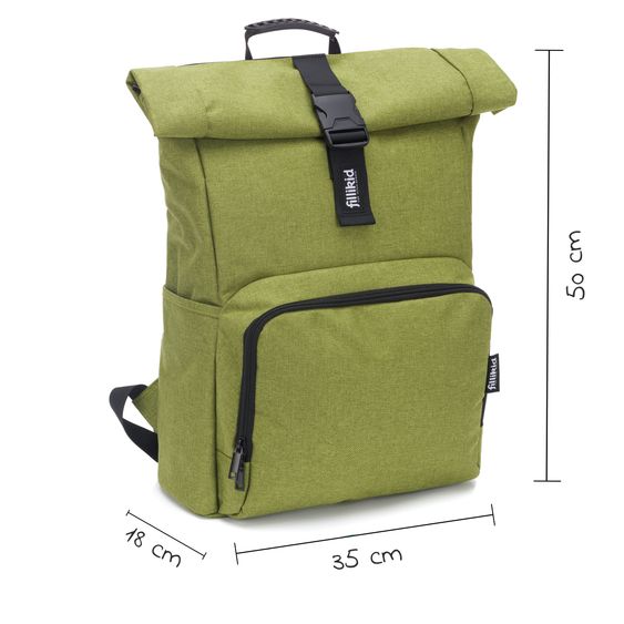 Fillikid Wickelrucksack Tokio im Rolltopstil inkl. Wickelunterlage, variabler Stauraum, Thermofach & Befestigungshaken - Kiwi Melange