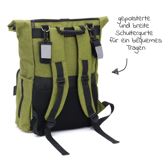 Fillikid Wickelrucksack Tokio im Rolltopstil inkl. Wickelunterlage, variabler Stauraum, Thermofach & Befestigungshaken - Kiwi Melange