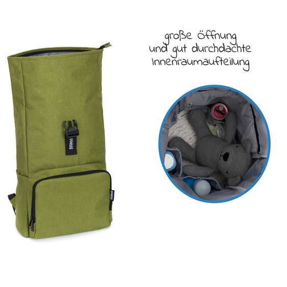 Fillikid Wickelrucksack Tokio im Rolltopstil inkl. Wickelunterlage, variabler Stauraum, Thermofach & Befestigungshaken - Kiwi Melange
