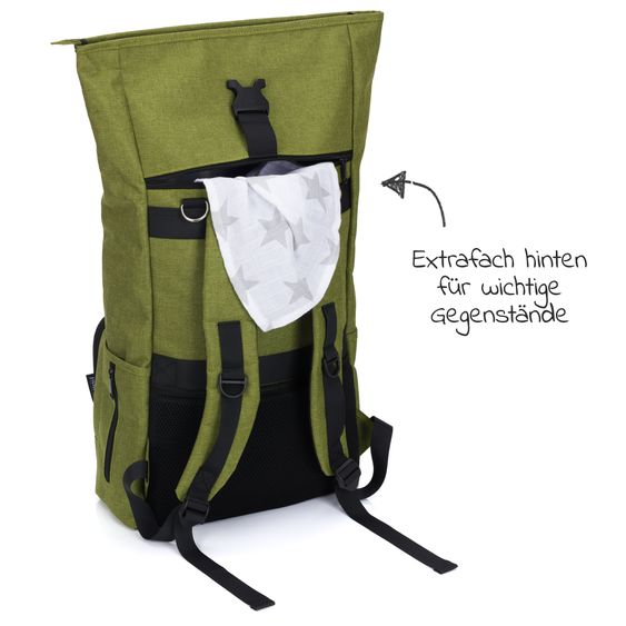Fillikid Wickelrucksack Tokio im Rolltopstil inkl. Wickelunterlage, variabler Stauraum, Thermofach & Befestigungshaken - Kiwi Melange