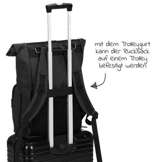 Fillikid Wickelrucksack Tokio im Rolltopstil inkl. Wickelunterlage, variabler Stauraum, Thermofach & Befestigungshaken - Schwarz