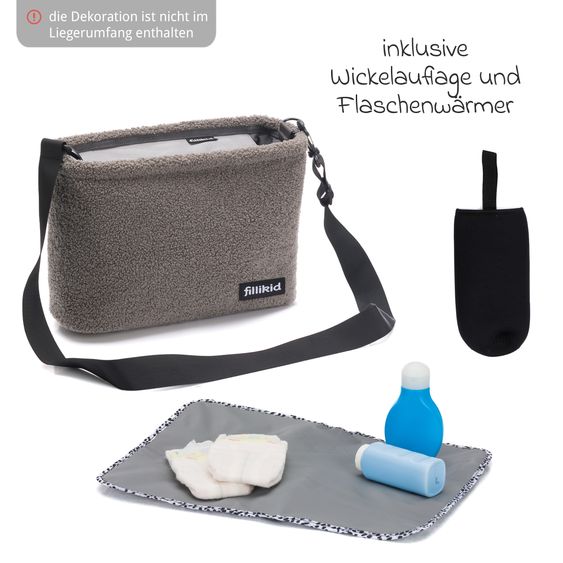 Fillikid Wickeltasche Buggy-Organizer Teddy mit Wickelunterlage, Kinderwagenhaken & isoliertem Flaschenhalter - Teddy Optik - Grau