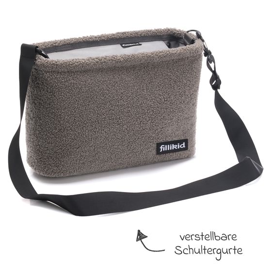 Fillikid Wickeltasche Buggy-Organizer Teddy mit Wickelunterlage, Kinderwagenhaken & isoliertem Flaschenhalter - Teddy Optik - Grau