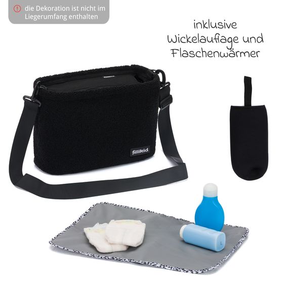Fillikid Wickeltasche Buggy-Organizer Teddy mit Wickelunterlage, Kinderwagenhaken & isoliertem Flaschenhalter - Teddy Optik - Schwarz