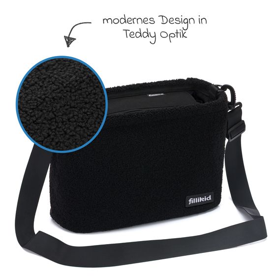 Fillikid Wickeltasche Buggy-Organizer Teddy mit Wickelunterlage, Kinderwagenhaken & isoliertem Flaschenhalter - Teddy Optik - Schwarz