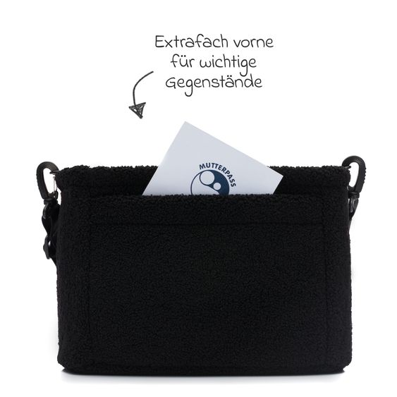 Fillikid Wickeltasche Buggy-Organizer Teddy mit Wickelunterlage, Kinderwagenhaken & isoliertem Flaschenhalter - Teddy Optik - Schwarz