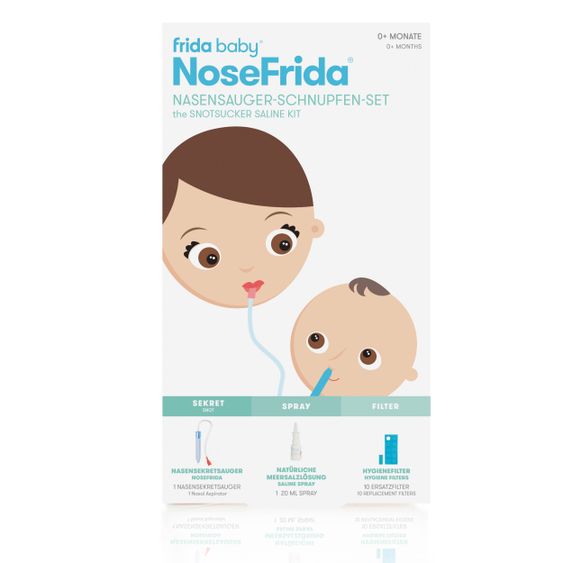 Fridababy Schnupfen-Set NoseFrida Nasensauger mit Hygienefilter und Meersalz-Nasenspray