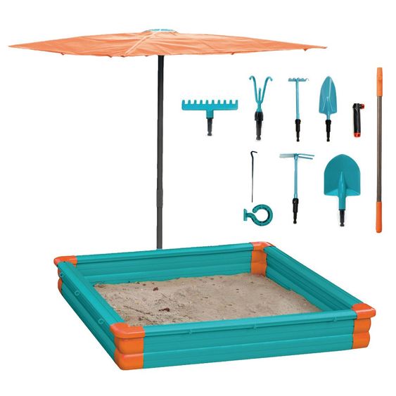 Gardena Sandkasten mit großem Zubehör-Set & Sonnenschirm 120 x 120 cm
